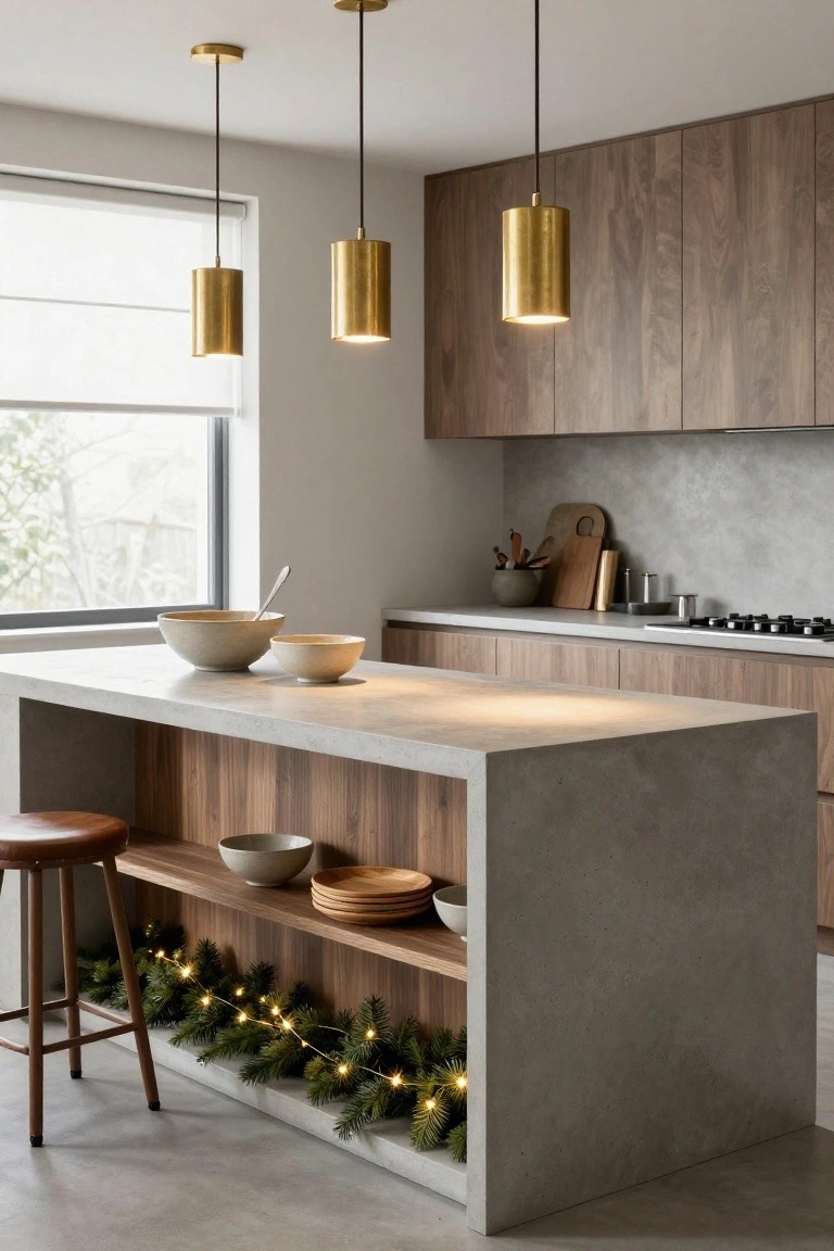 Modern kitchen featuring a concrete-topped island with wood-paneled lower cabinets, three hanging gold cylinder pendant lights above, ceramic bowls on the counter, and evergreen garland strung with white fairy lights draped along the island base.