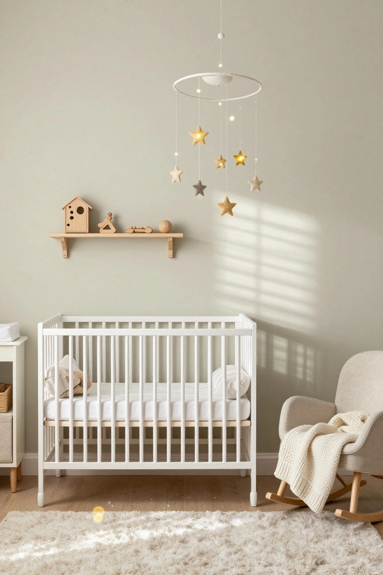 Nursery interior with white crib, hanging white mobile featuring gold fabric stars and small lights, wooden birdhouse and toys on wall shelf, cream rocking chair with blanket, fluffy white rug, and sage green walls.