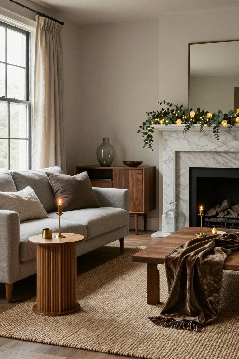 A living room corner featuring a light gray sofa, marble fireplace with eucalyptus garland and gold string lights draped over the mantel, wooden side tables, candles, and beige rug on hardwood floors.
