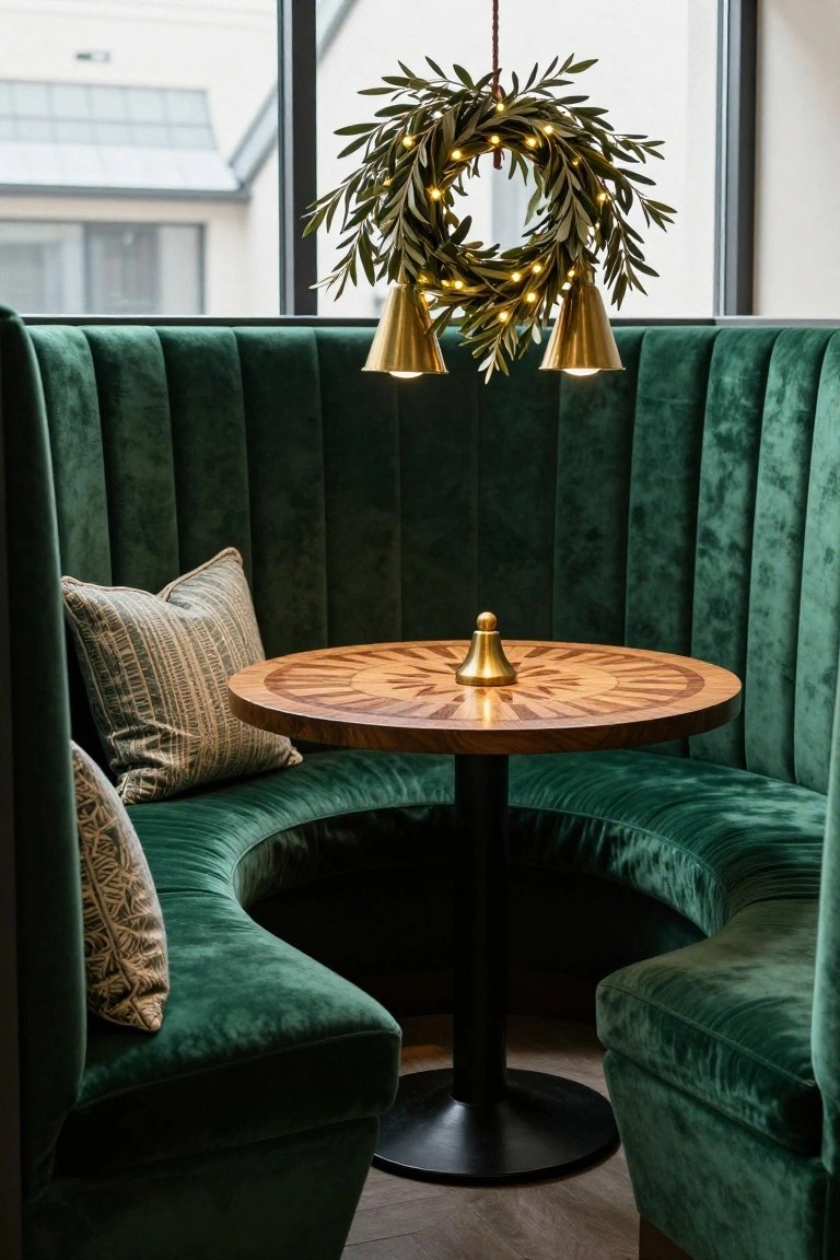 Curved green velvet booth seating surrounds a round wooden table with inlaid starburst design and a small gold bell on top, lit by an olive wreath chandelier with fairy lights and three dangling gold bells, viewed through a large window.