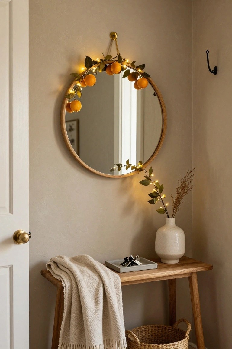 A round wooden-framed mirror in a beige entryway corner decorated with fairy lights, faux oranges, and green leaves, next to a wooden bench holding a cream throw, key tray, white vase with dried branches, and woven basket.