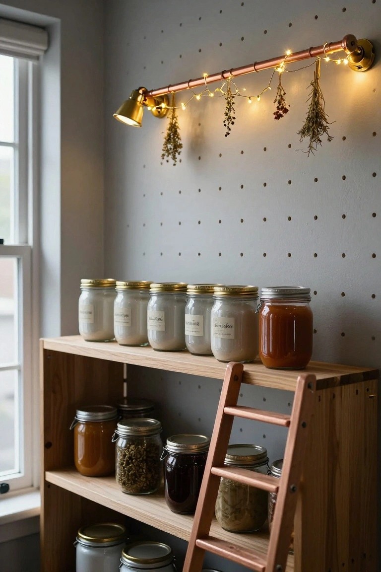 Gray pegboard wall with copper pipe shelf holding string lights, dried herbs, berries, and gold spotlight above wooden ladder shelves filled with glass jars of pantry goods, spices, and preserves.