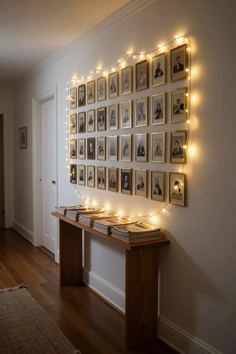 Hallway wall covered in a grid of gold-framed black-and-white photographs outlined by warm white string lights, with a wooden console table stacked with magazines in front.