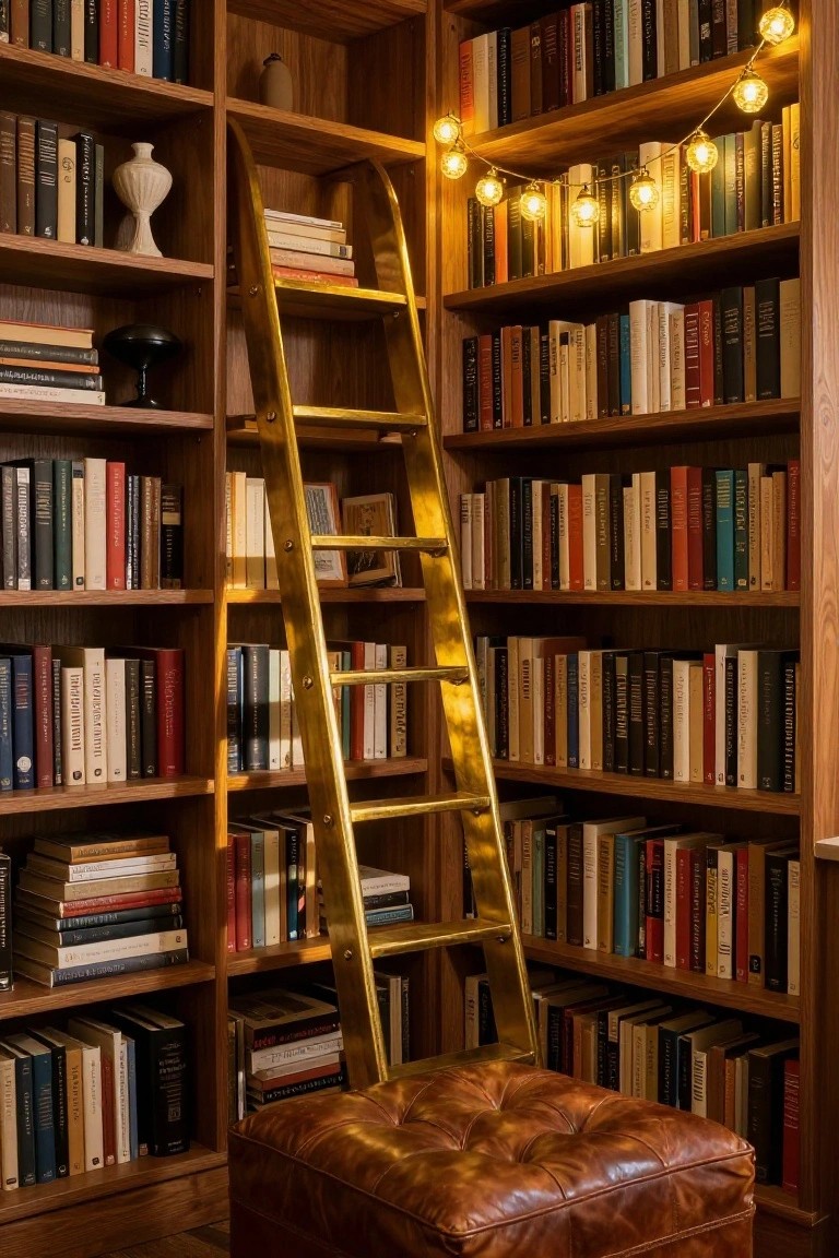 Wooden floor-to-ceiling bookshelves packed with books in a corner library, with a gold rolling ladder, draped warm gold string lights along the shelves, a white vase, black vase, and brown leather pouf stool below.
