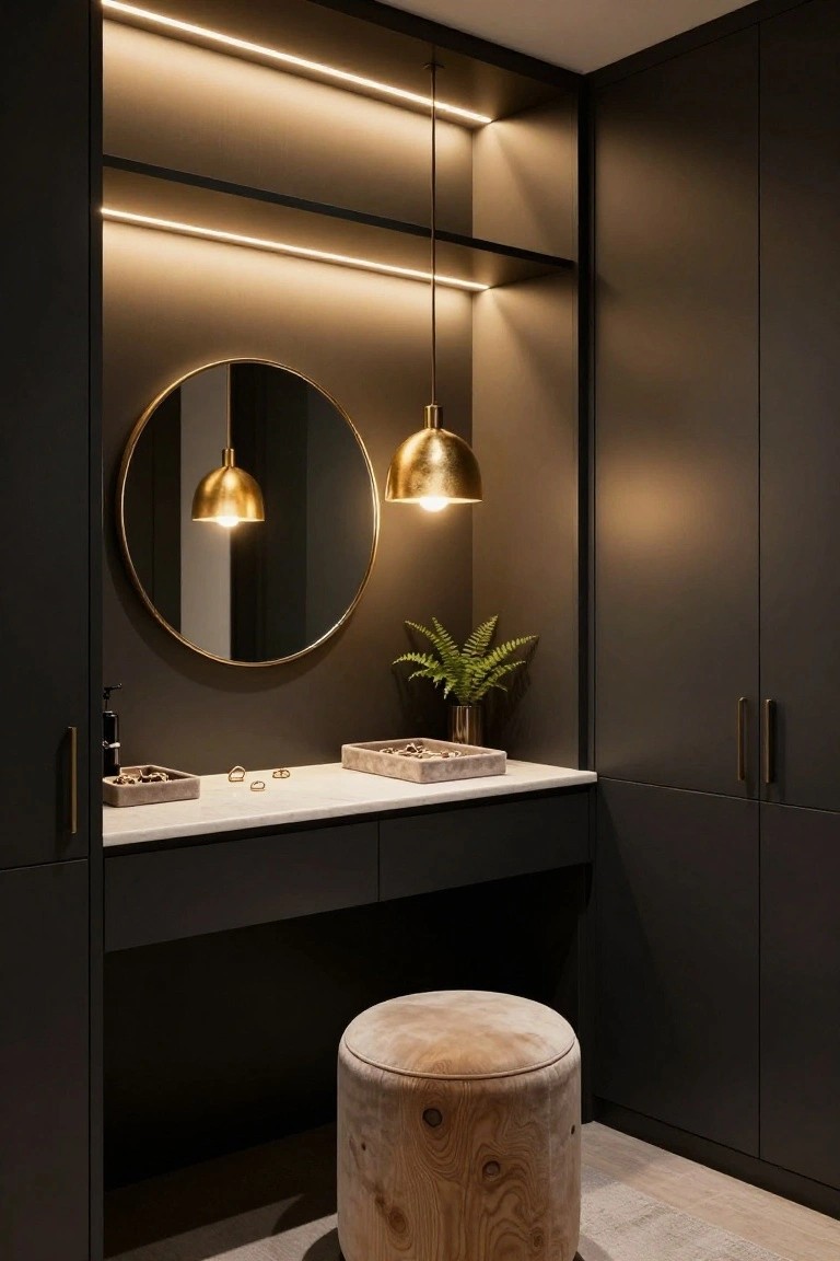 Modern walk-in closet with black cabinets featuring integrated warm LED strip lighting, two gold pendant lamps over a large round mirror, white marble vanity with accessories, potted plant, and wooden stool on light wood floor.