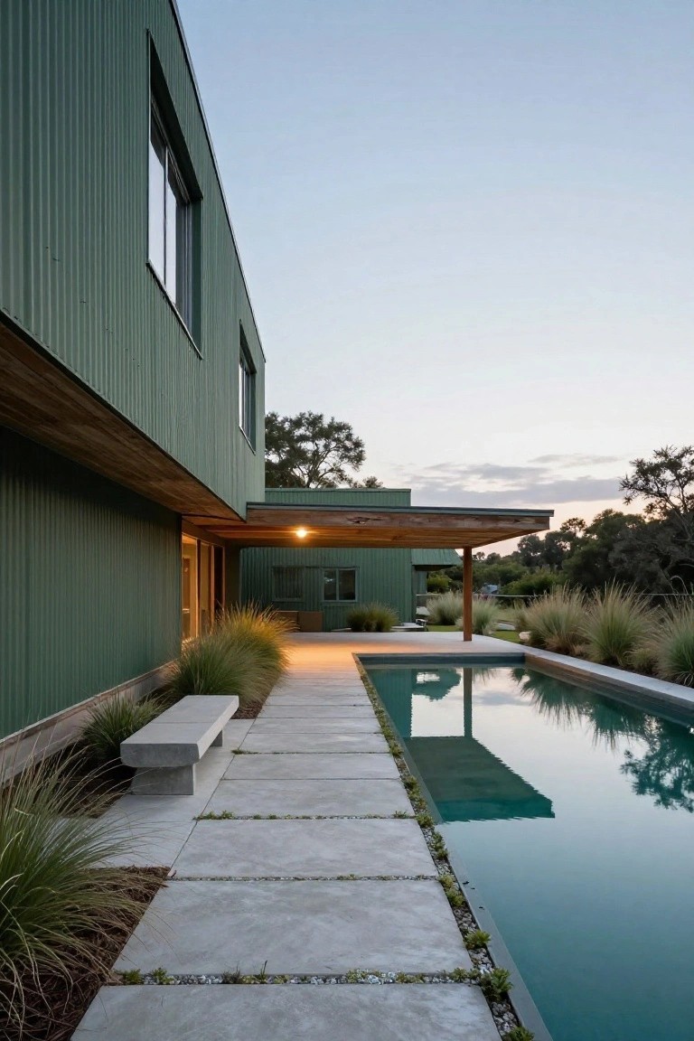 Side view of a modern house with green corrugated metal siding, wooden overhang, concrete path and bench leading to a rectangular pool edged in stone, ornamental grasses, and trees at dusk.