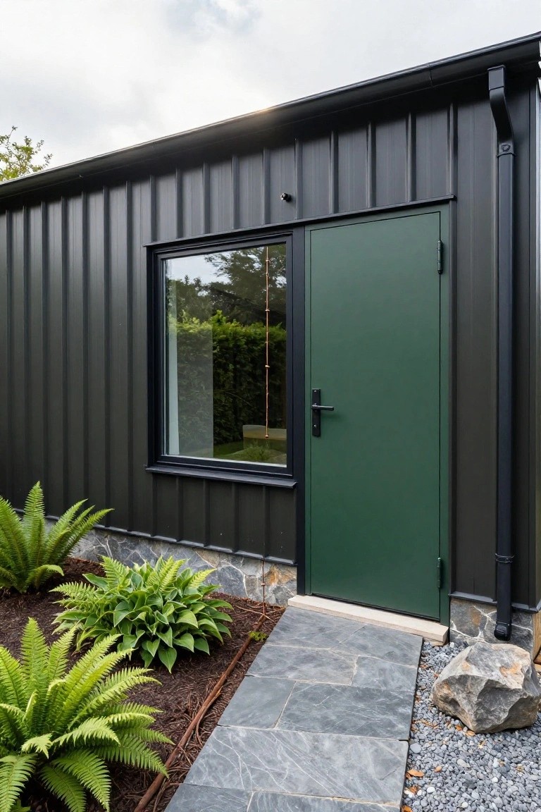 Side exterior of a modern house featuring dark corrugated metal siding, a tall green metal door with black handle, a narrow black-framed window next to it, ferns and hostas in a mulched bed, and a gray slate stone path leading to the door.