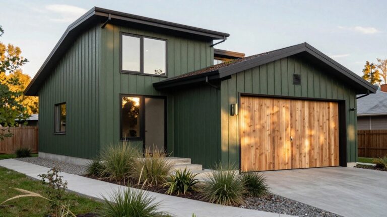 Side exterior of a modern two-story house with dark green vertical board-and-batten siding, light wood slat garage door, black entry door beside it, concrete walkway, gravel section, and low grasses along the base.