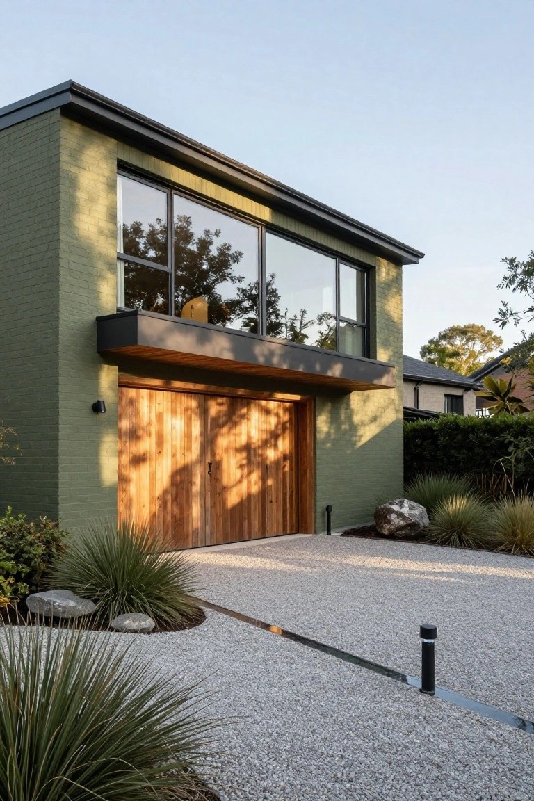 Modern house exterior with sage green brick walls, large vertical timber garage door, black-framed windows, and gravel driveway edged with grasses and rocks.