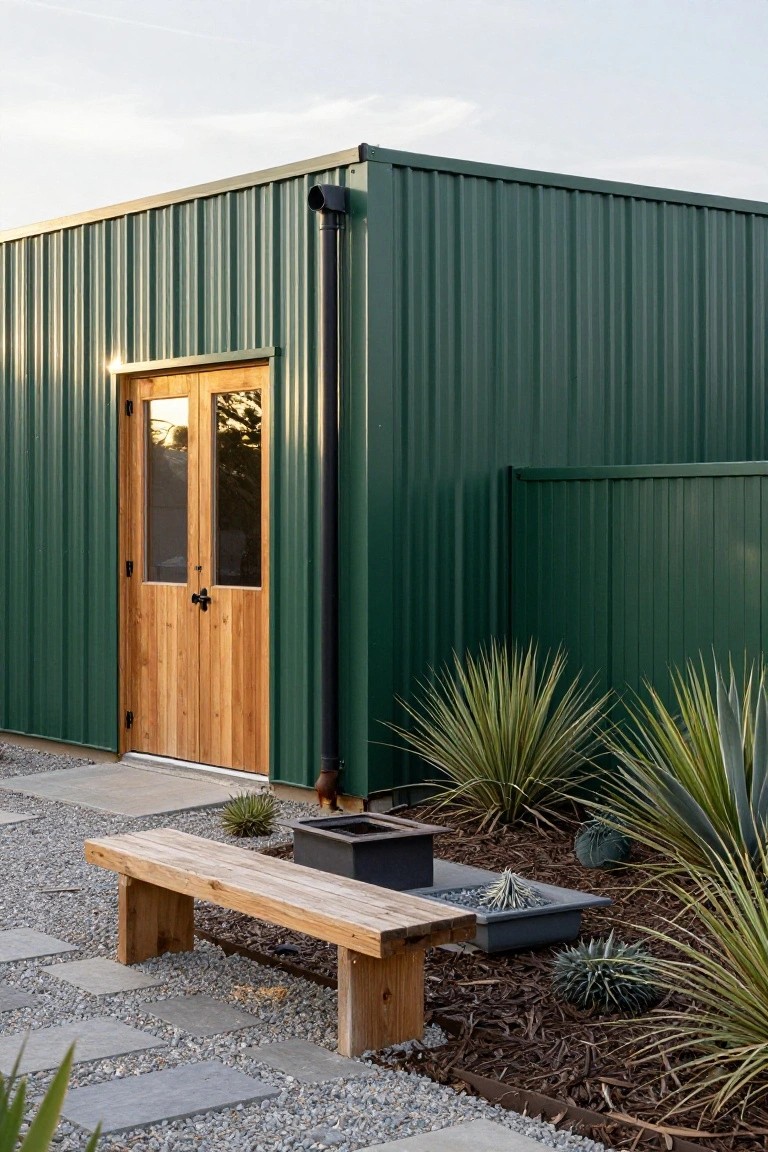 Green corrugated metal shed with double wooden doors, black downspout, wooden bench, yucca plants, gravel path, and stone pavers in front.