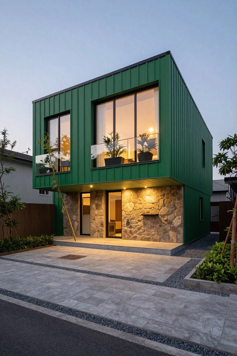 A modern box-shaped house with green corrugated metal siding, a stone base around the lit entrance door, large windows and balcony with potted plants, bamboo tree, driveway, and gravel edging at twilight.