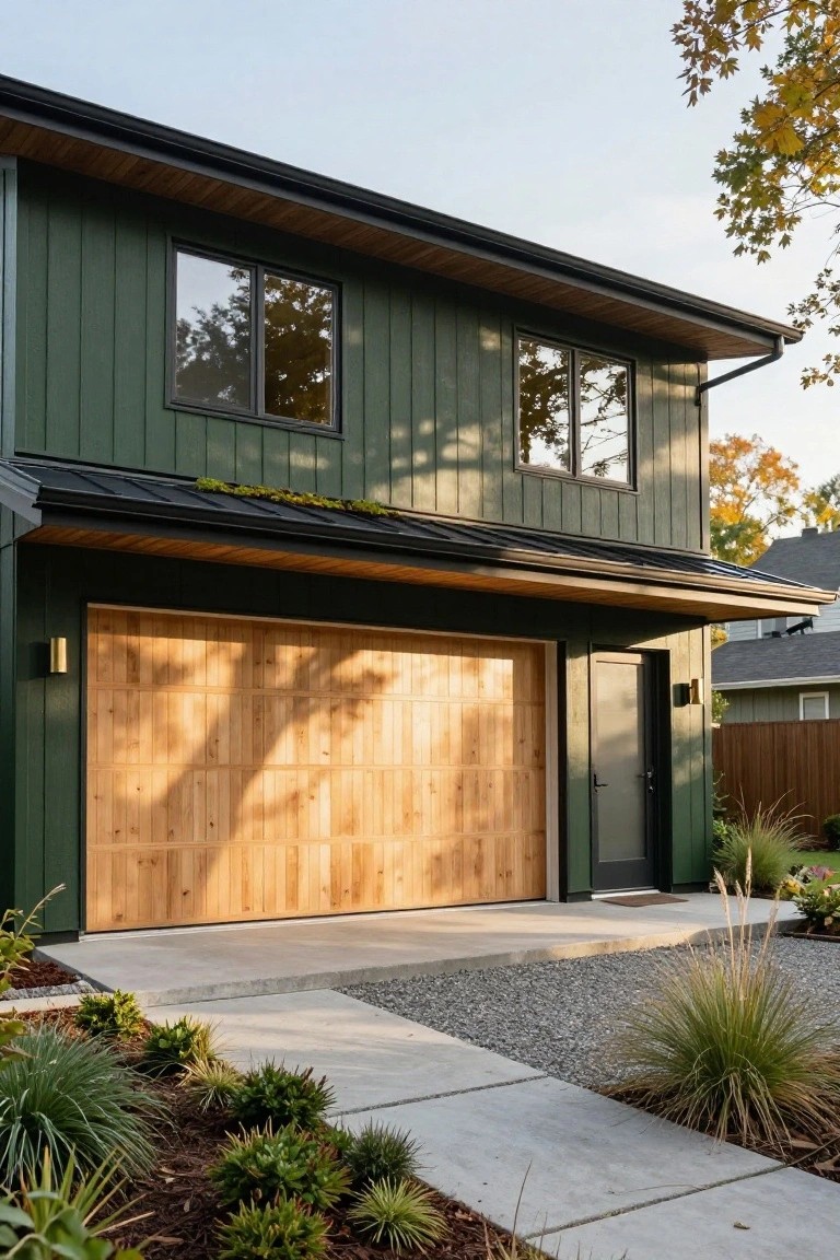 Side exterior of a modern two-story house with dark green vertical board-and-batten siding, light wood slat garage door, black entry door beside it, concrete walkway, gravel section, and low grasses along the base.