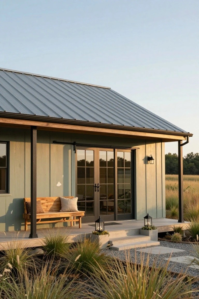 Side exterior of a single-story house with sage green board-and-batten siding, blue-gray standing seam metal roof, covered porch featuring a wooden bench, sliding glass doors, lanterns, steps, and ornamental grasses in the foreground.