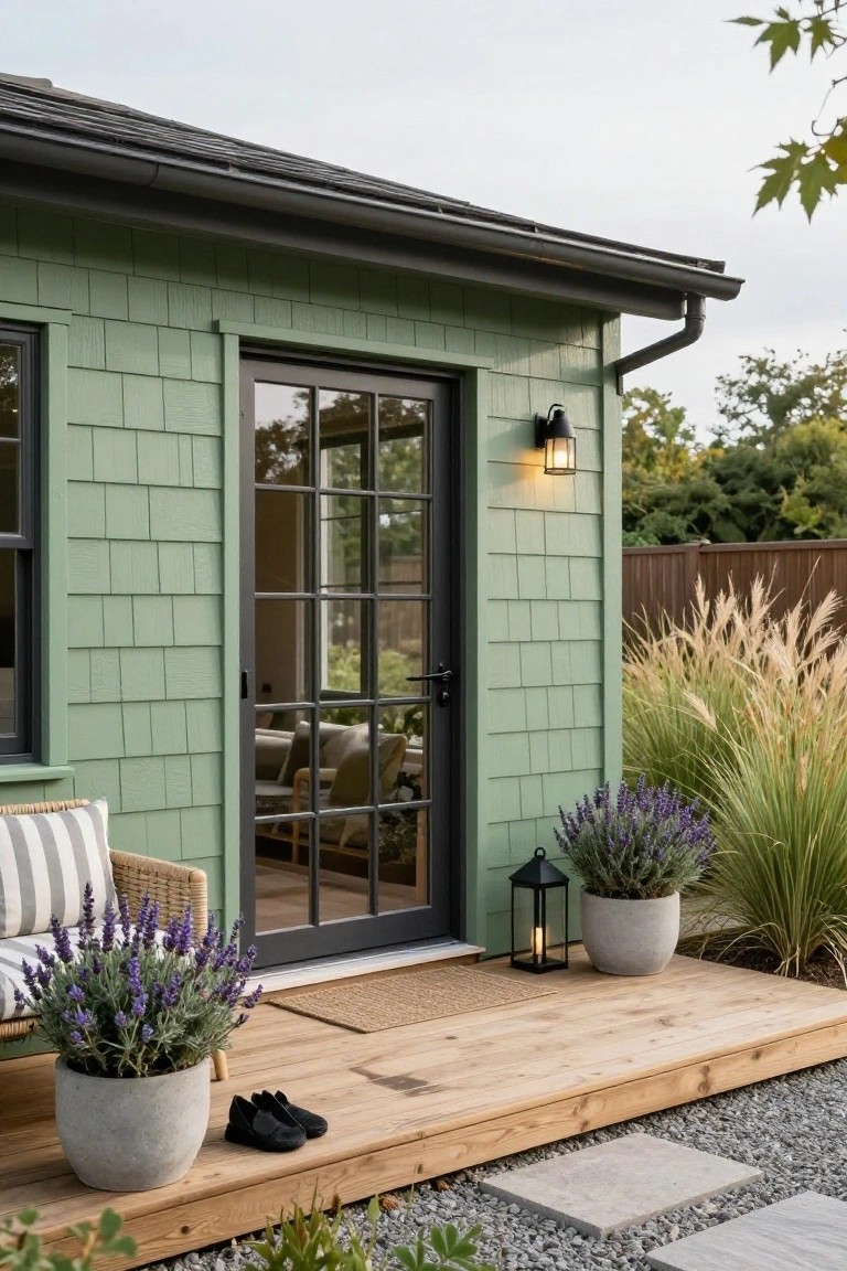 Sage green shingled exterior of a small building with black-framed glass entry door on a wooden deck, potted lavender plants, lanterns, and ornamental grasses nearby.