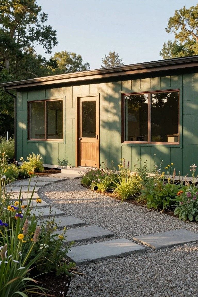 Compact green vertical board-and-batten sided cabin with wooden entry door, large windows, black roof, and curving stone path through gravel and plants in a wooded yard.