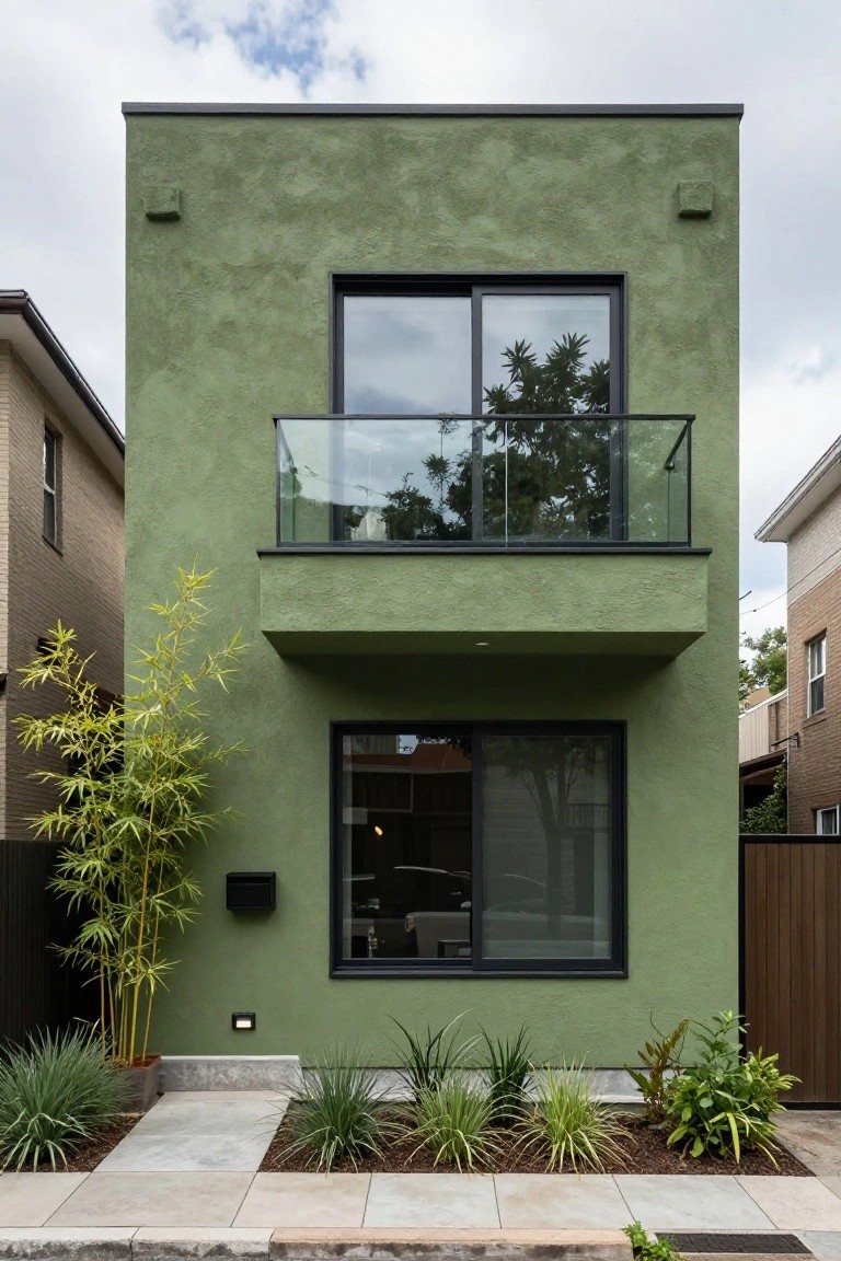 A two-story narrow house with textured sage green stucco exterior, black metal-framed windows and sliding doors, a glass-railed balcony, front landscaping with bamboo and grasses, and a concrete pathway.