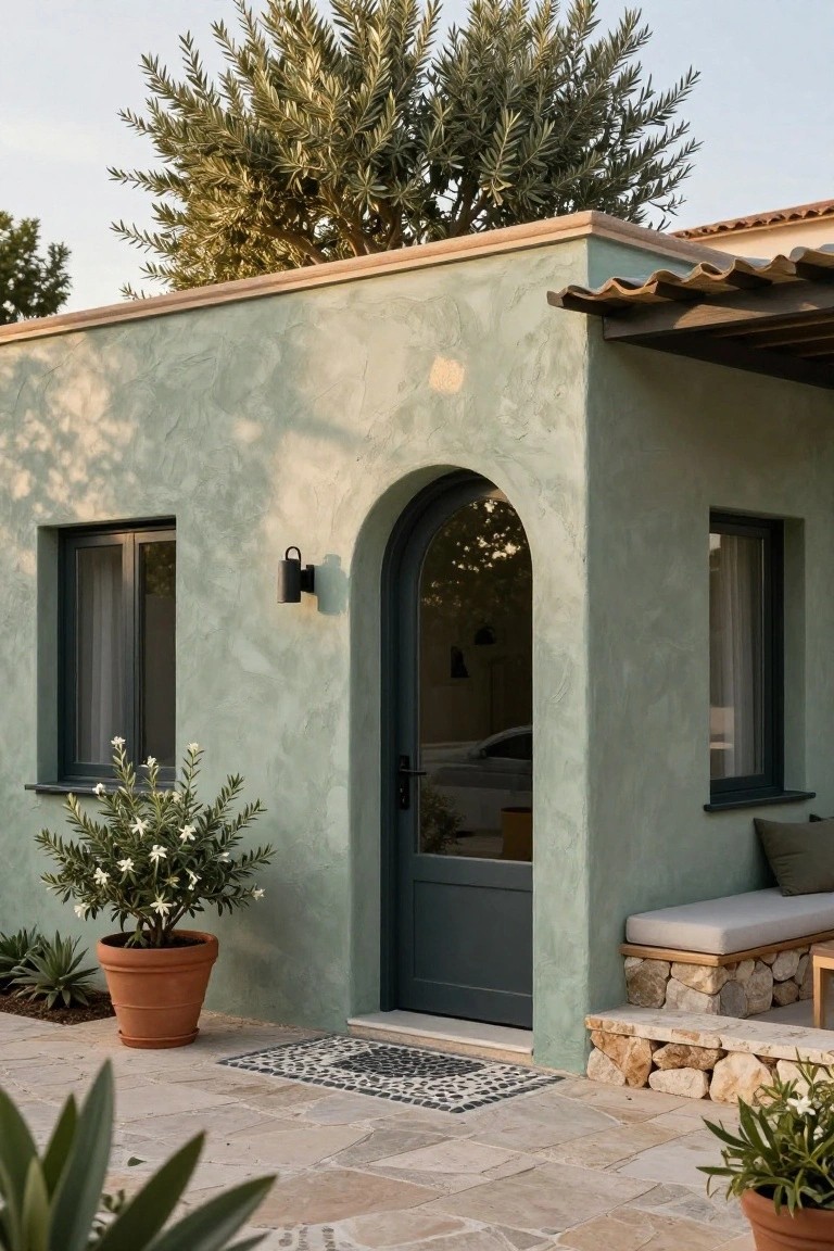 Sage green stucco house exterior with dark green arched entry door, black-framed windows, wall lights, potted plants, built-in bench, and stone steps on tiled patio.