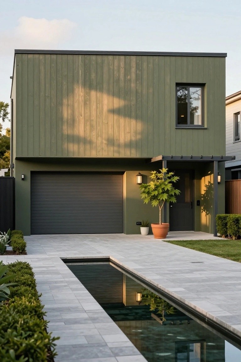 Modern rectangular house with sage green vertical wood cladding, dark gray garage door, black entry door under a pergola, slim black window, potted maple tree, narrow reflecting pool along gray paver driveway, and low hedges on a lawn.