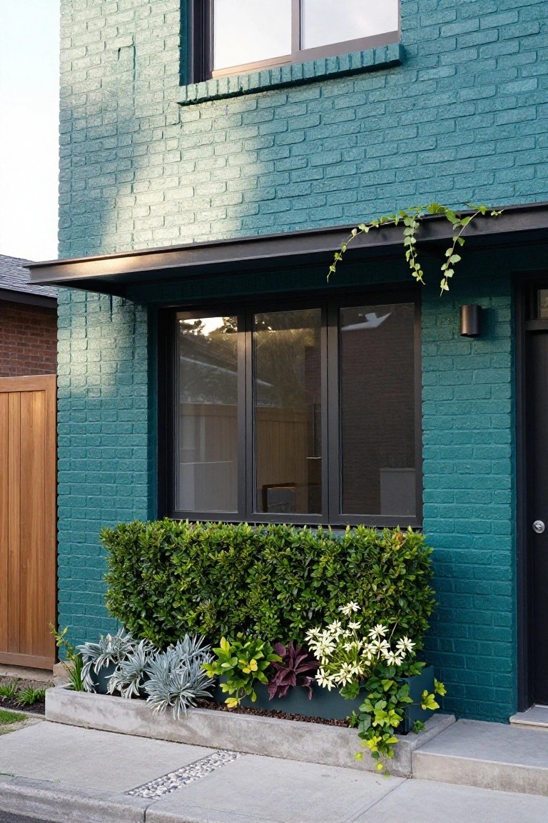 Teal painted brick house exterior with black-framed triple windows, black front door, wall light, ivy vine above the awning, boxwood hedge, potted silver-leaf plants and white flowers in concrete planters, and wood fence beside a concrete sidewalk.