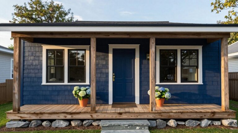 Navy blue shingle-sided house exterior featuring a centered navy door, flanked windows, wooden porch with timber posts and decking, terracotta pots of hydrangeas, and stone steps.