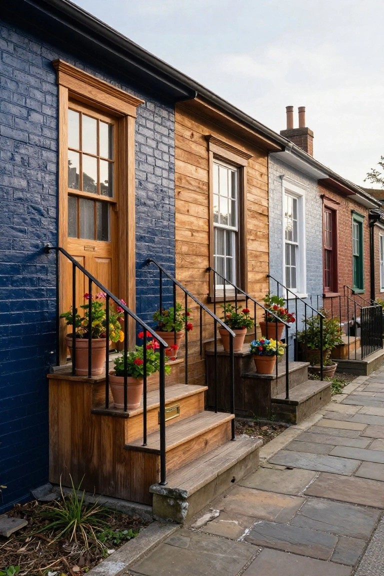 Row of terraced houses with facades in navy blue brick, wood siding, white, red, and green, featuring wooden doors, steps with black railings, potted flowers, and a stone pathway.