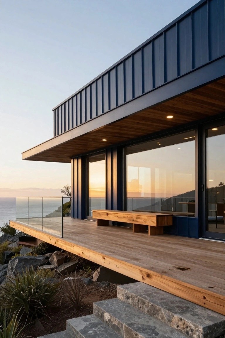Modern house exterior with navy blue corrugated metal panels on walls, wooden deck and soffit overhanging a rocky hillside toward ocean, large glass windows, bench on deck, and stone steps at base.
