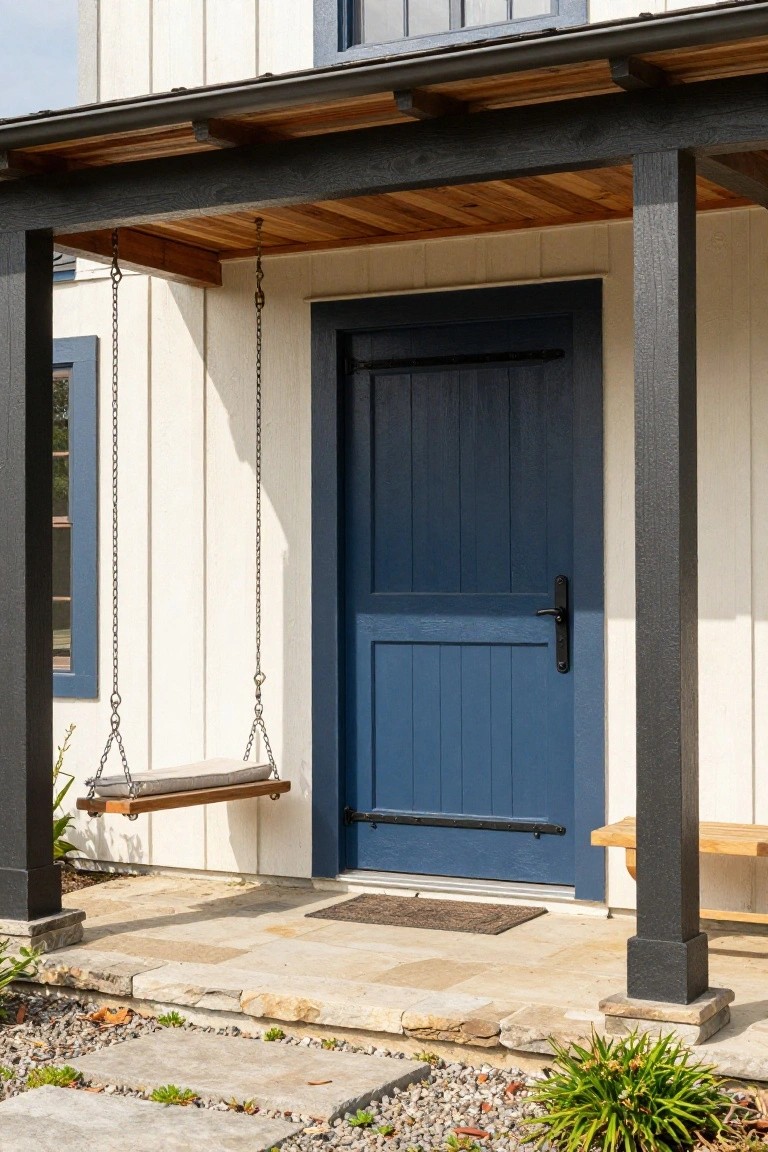 White shiplap-sided house exterior featuring a navy blue split door, hanging wooden porch swing with cushion, wooden bench, black posts, and stone entry steps with gravel and plants.