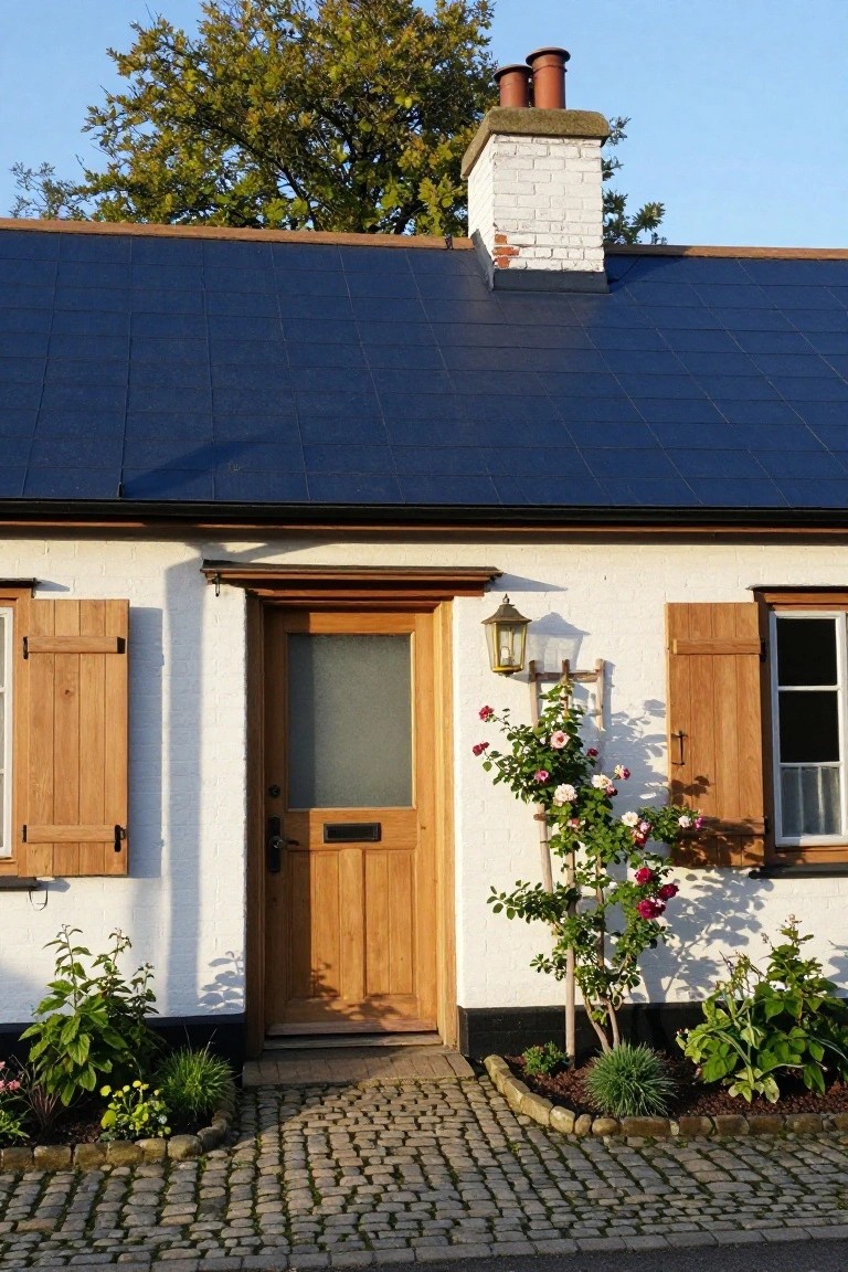 White rendered cottage with navy blue tiled roof, two chimneys, wooden front door with glass panel, wooden shutters on flanking windows, brass lantern light, climbing rose trellis, shrubs and flower beds along cobblestone path.