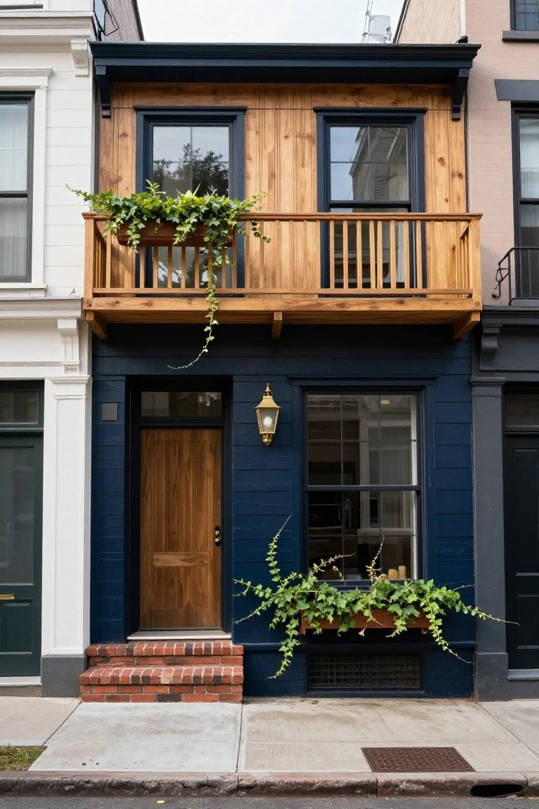 Narrow row house exterior with navy blue lower siding, natural wood upper cladding and balcony with potted plants and trailing ivy, wooden front door, brass lantern, brick steps, between white and gray neighboring buildings on a city sidewalk.