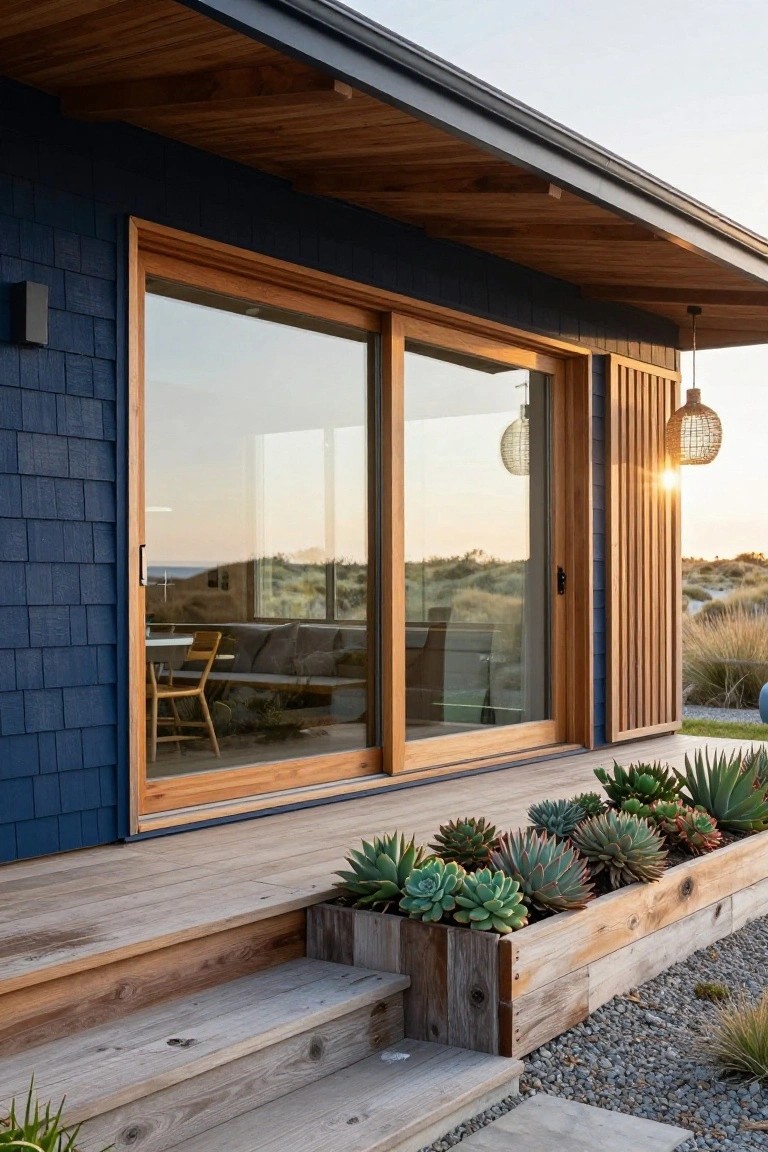 Navy blue shingle-clad house exterior featuring large wooden sliding glass doors open to an indoor seating area, wooden deck with steps, raised wooden planter box filled with succulents, and beach dunes in the background at sunset.