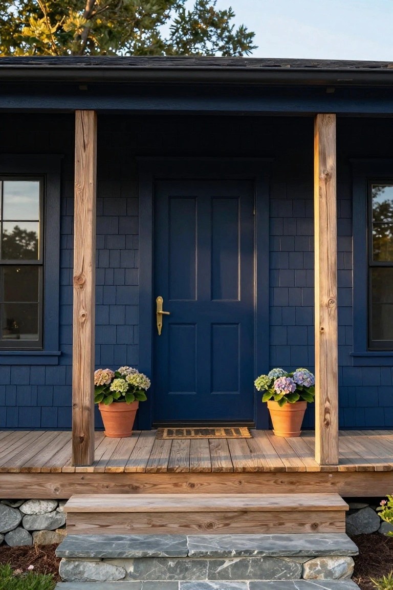 Navy blue shingle-sided house exterior featuring a centered navy door, flanked windows, wooden porch with timber posts and decking, terracotta pots of hydrangeas, and stone steps.