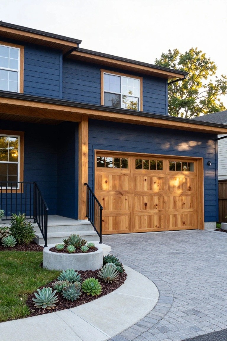 Navy Blue Siding Meets Wood Garage Door