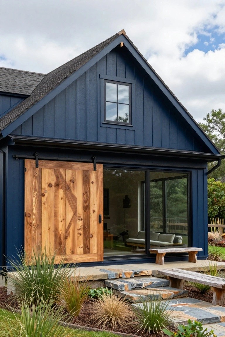 Navy blue gabled house exterior featuring a large wooden sliding barn door next to floor-to-ceiling glass doors, stone steps, wooden benches, and ornamental grasses in the yard.