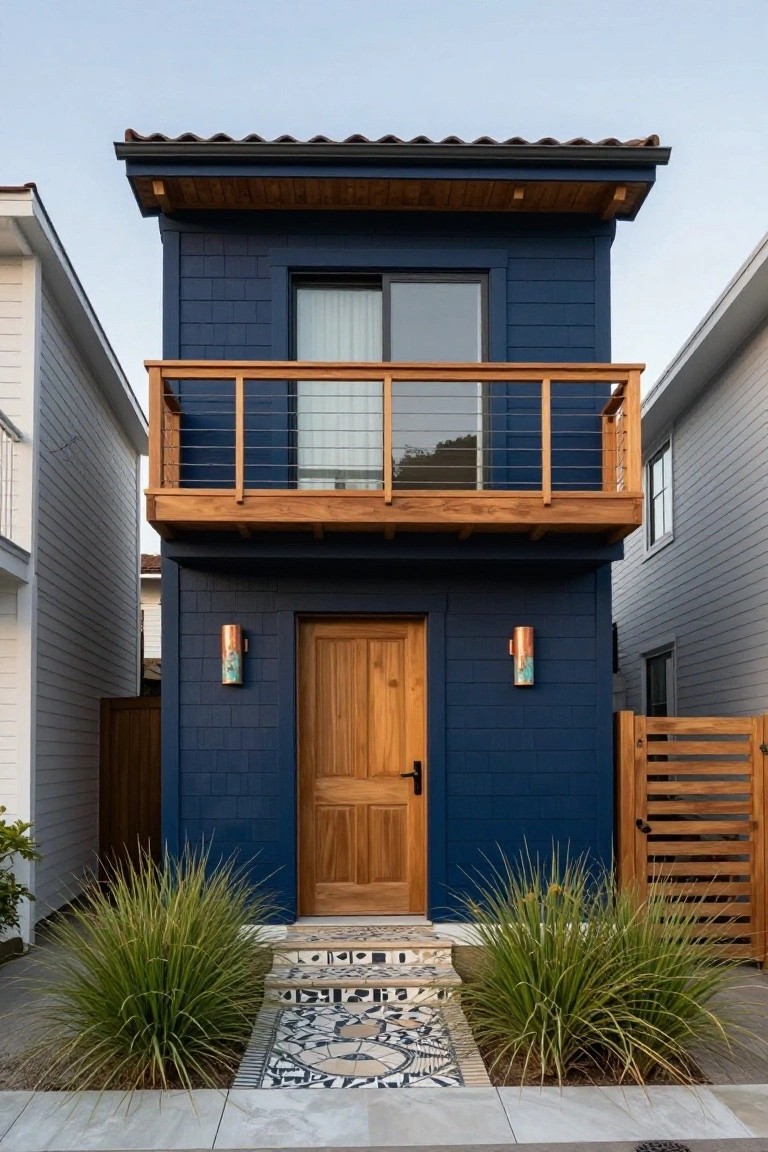 Navy Blue Siding with Wood Door Entry
