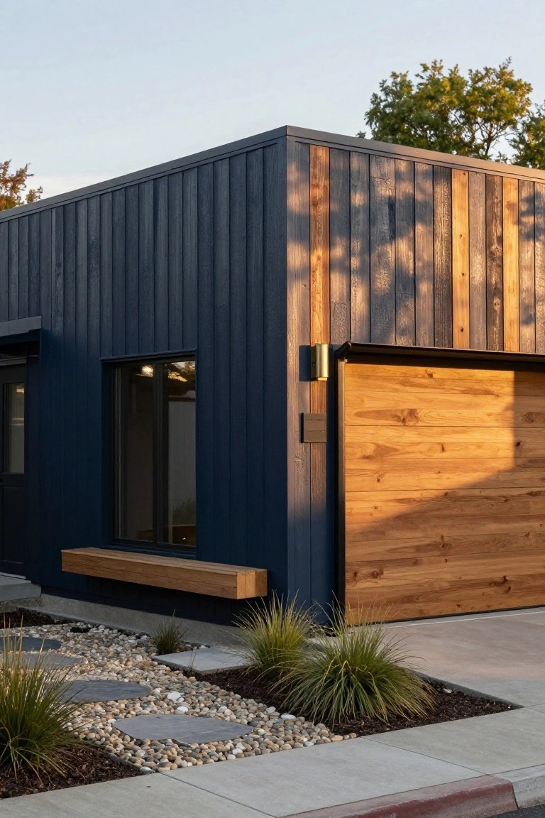 Corner view of a modern house with dark navy blue vertical plank siding, a large light wood slat garage door, a window with wooden bench seat, and front yard landscaping of pebbles, stepping stones, grasses, and mulch.