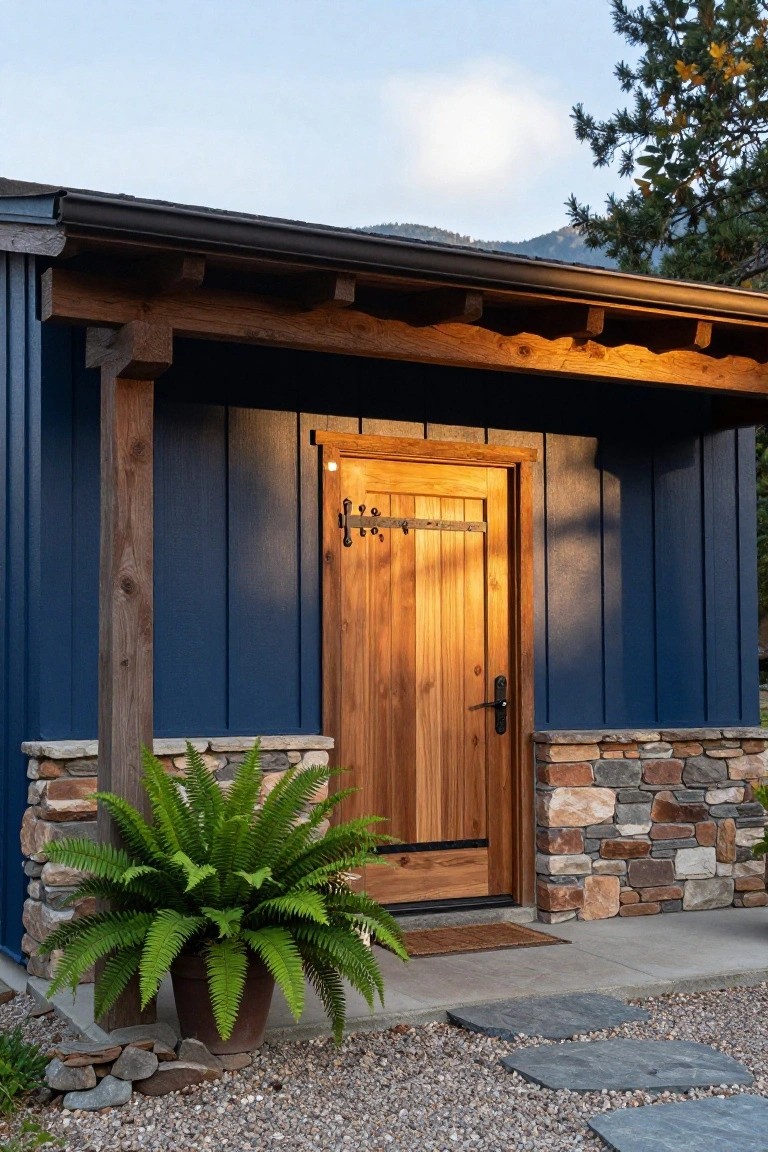 Navy blue vertical board-and-batten siding on a building exterior with wooden support posts and beams, a tall rectangular wooden entry door with black strap hinges and handle, stone foundation, potted fern plant, doormat, and gravel path with stone steps.