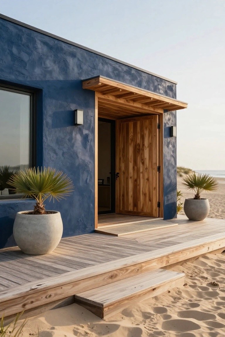 Navy blue stucco house exterior on a sandy beach with an open wooden front door, wooden porch overhang and deck steps leading to the sand, flanked by large potted fan palm plants.