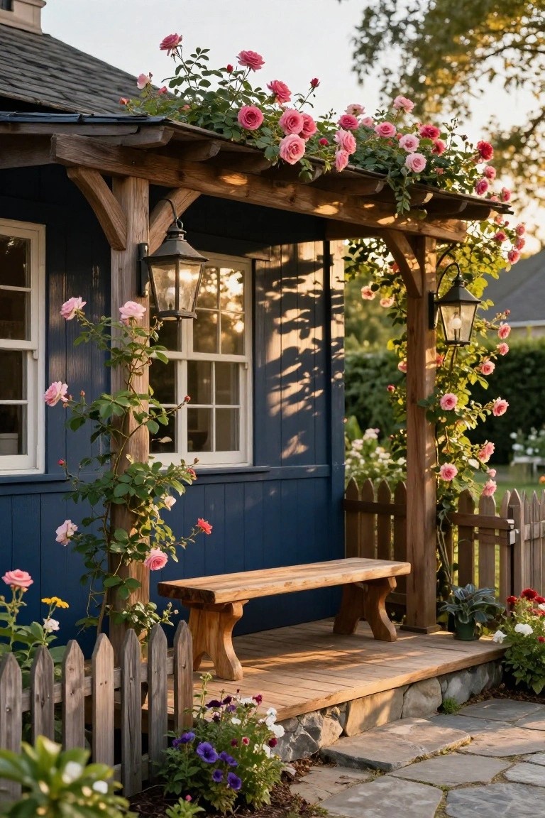 Small navy blue clapboard building with wooden pergola covered in pink climbing roses, flanked by lanterns on posts, wooden bench on porch, picket fence, and flower beds in garden at sunset.