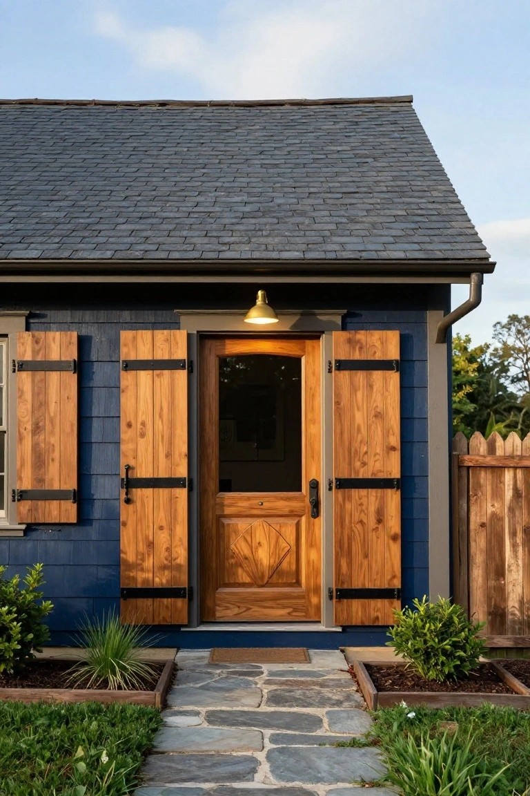 Navy blue clapboard house exterior with wooden shutters flanking a paneled wood entry door under a gabled roof, stone pathway leading up, and low plants in beds on either side.