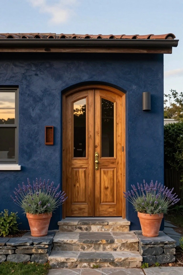 Navy blue stucco house wall with arched wooden double doors featuring glass panels, flanked by potted lavender plants in terracotta pots, stone steps, and slate retaining walls.