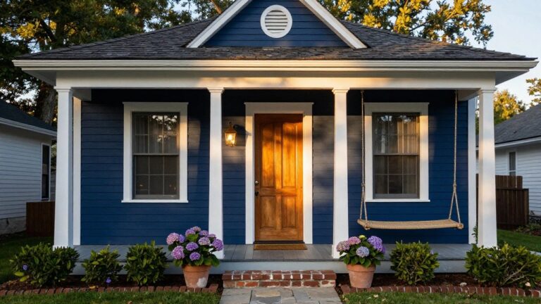 Front exterior of a navy blue clapboard house with white trim and porch columns, wooden door, lantern light, hanging swing, and potted hydrangeas flanking brick steps.