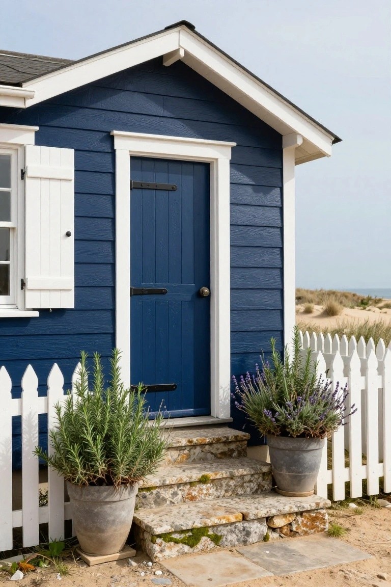Navy blue clapboard beach house with white trim, dark blue front door, white shutters, potted rosemary and lavender on stone steps, white picket fence, and sand dunes by the sea in the background.
