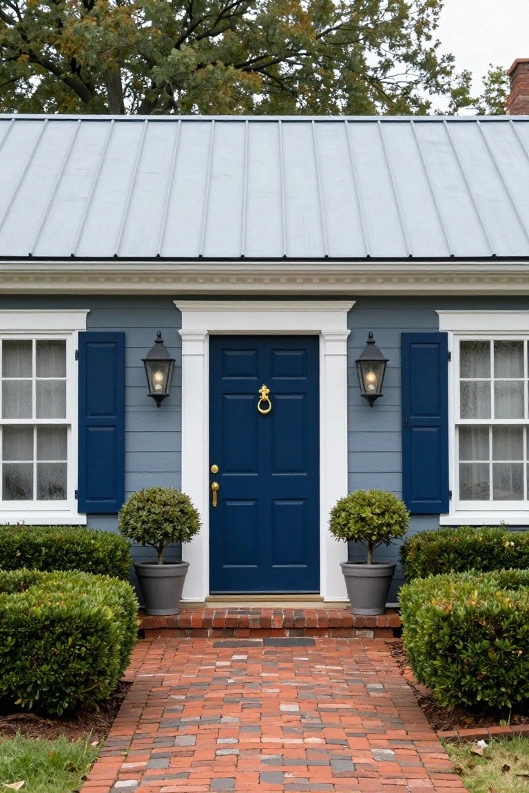 Small clapboard house exterior painted gray-blue with navy blue shutters and front door featuring gold knocker and handle, flanked by lanterns and boxwood shrubs in gray pots, brick pathway leading up.
