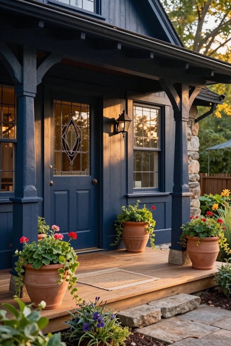 Navy blue painted house exterior with wooden front porch, leaded glass double door, lantern light, and terracotta pots of red geraniums flanking the steps amid stone foundation and garden plants.