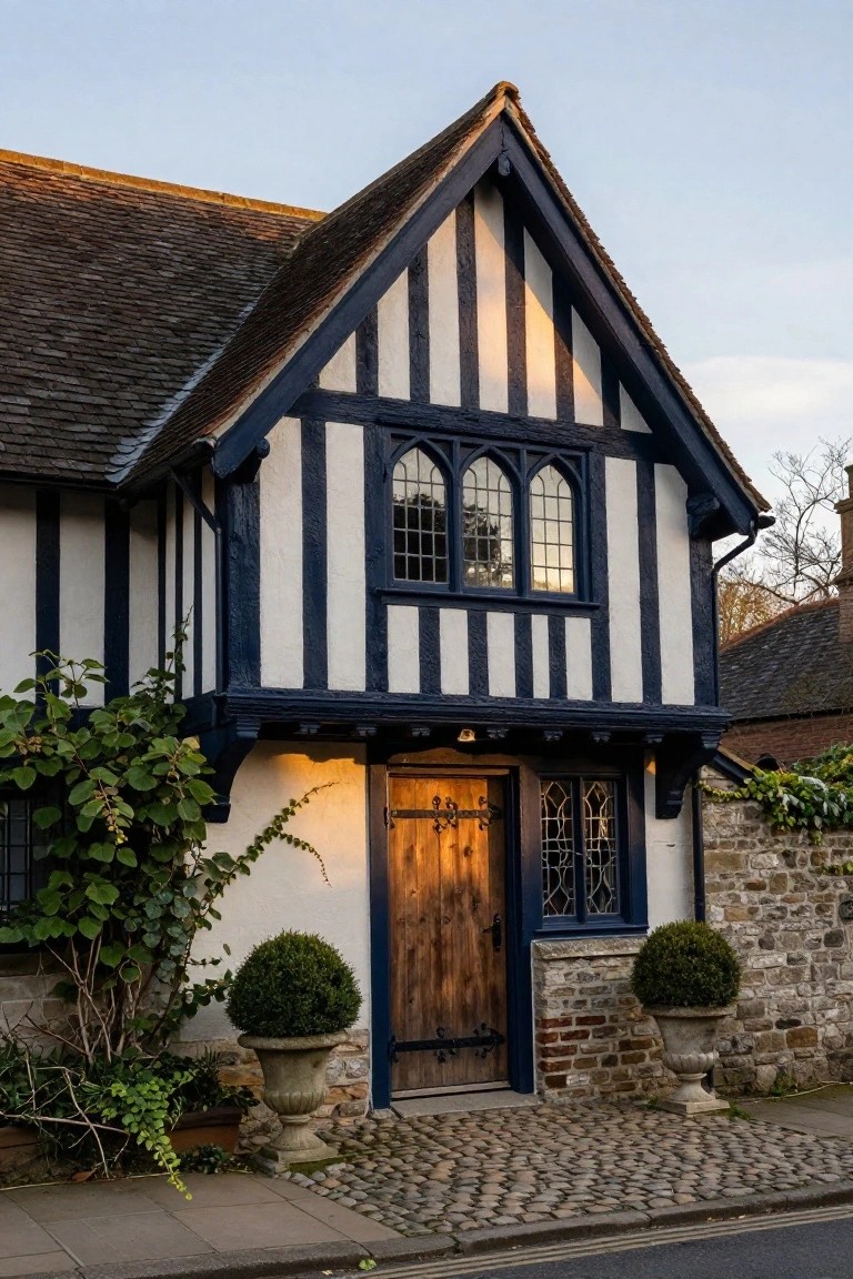 A two-story half-timbered house exterior featuring navy blue timber beams on white plaster walls, gothic arched windows, a dark wooden entry door with iron hardware, potted boxwood topiaries, climbing ivy, and a stone wall beside a cobblestone path.