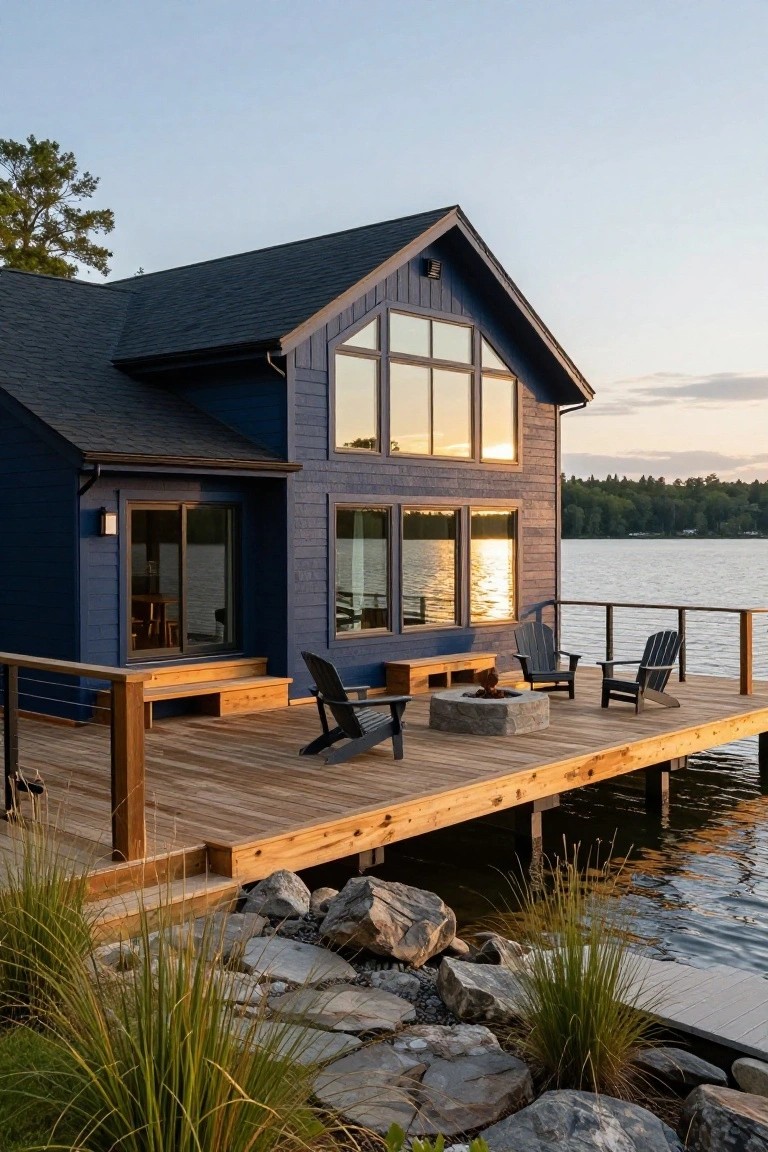 Navy blue board-and-batten sided house with large multi-pane windows and a pitched black roof, extending to a wooden dock on a lake with Adirondack chairs around a stone fire pit, surrounded by rocks and grasses.
