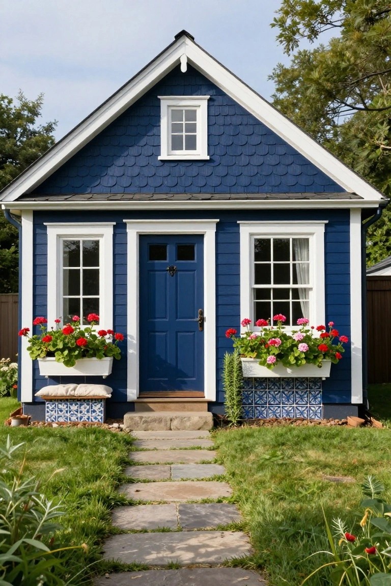 Small gable-roofed cottage painted navy blue with fishscale shingle siding, white trim on windows and a blue front door flanked by white window boxes of red geraniums, stone path leading through green lawn to wood steps at entry, tiled bases and surrounding plants.