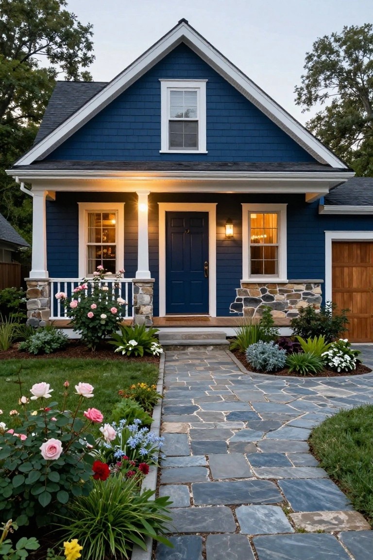 Navy blue shingled house exterior with white trim, covered front porch on stone pillars, dark blue double door, wall lanterns, flower beds with roses and perennials, and curved flagstone pathway.