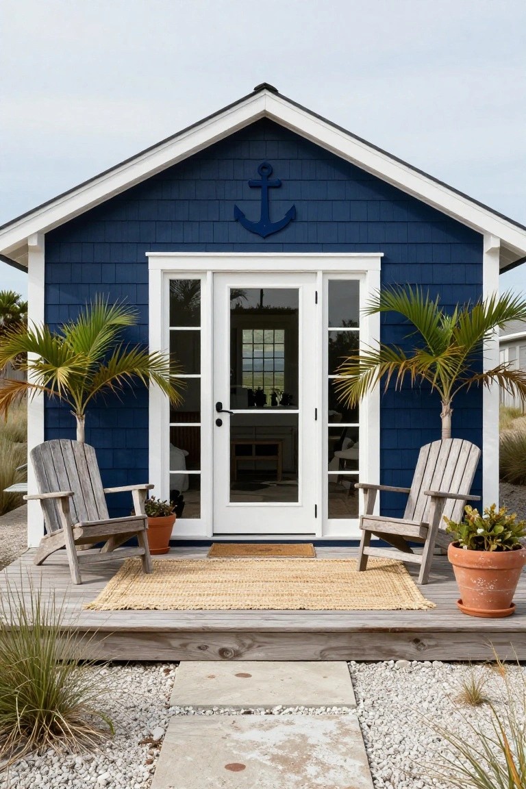 A small navy blue shingled cottage with white trim, a large anchor emblem on the facade, glass front doors, two Adirondack chairs on a wooden porch, potted plants, and palm trees on a gravel yard with sea grass.