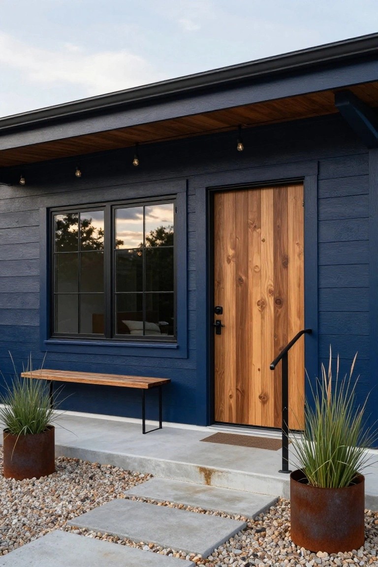 Front exterior of a navy blue sided house with wooden front door, black-framed window, wooden bench, potted ornamental grasses in rusted metal containers, and concrete steps with gravel path.